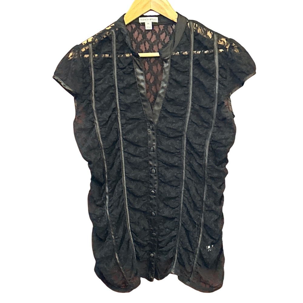 "Fashion Bug Black Lace Ruched Blouse XL Sheer Button Top Goth Evening Party"